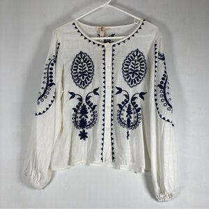 Solitaire Tunic Blouse Embroidered Large  Balloon Sleeves Pockets Bohemian